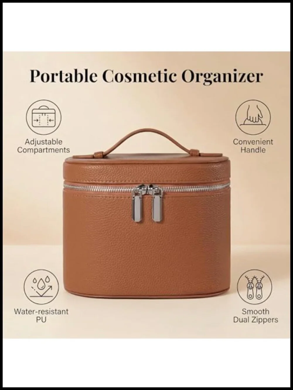Faux Leather Makeup Organizer with Compartments, Standing Travel Bag with